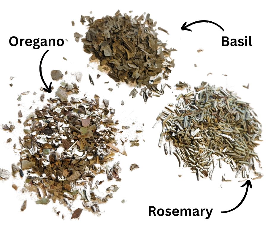 Spices pictured are Oregano, Rosemary and Basil